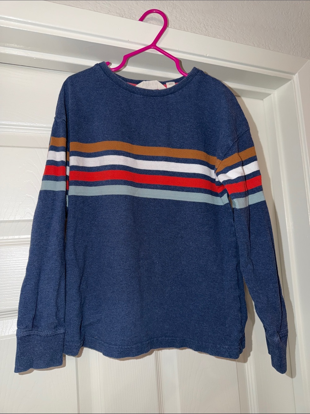 Mini Boden Navy Long Sleeve Tee with Multicolor Chest Stripes. Size 6/7